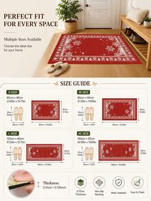 1pc Christmas Red Snowflake Pine Tree Border Kitchen Mat, Vintage Holiday Geometric Pattern Absorbent Non-Slip Foot Mat, Durable Easy Clean Rectangular Rug, Suitable For Kitchen Sink, Entryway, Hallway, Laundry Room, Bathroom And Christmas Home Decor - Multicolor - View 7