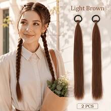 2pcs/Pack Braided Ponytail Hair Extensions, Straight Synthetic Hair Extensions, Elastic Band Long Double Ponytail Hair Bundles, Suitable For French Braids, Dutch Braids And Daily Hairstyles - Light Brown - View 10