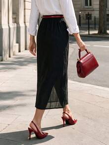 Fall Women High‑Waist Slit Midi Skirt, Ruched Slim Fit Pencil Skirt For Office Business - Black - View 2