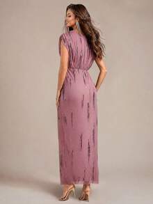 EVERPRETTY Autumn Elegant Charming Pink Sequin Embroidered V-Neck Batwing Sleeve Slit Evening Gown Formal Dress Suitable For Party, Dinner, Semi-Formal Occasions - Dusty Pink - View 5
