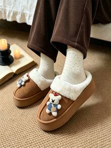 Women's Cute Cherry Bear Plush Slippers, Fleece Lining Closed Toe Thick Sole Warm Indoor House Shoes, Suitable For Spring And Autumn - Style B-brown - View 3