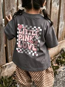 Baby GirlMinimalist Plaid Graffiti & Letter Print Round Neck Short Sleeve Cute Top - Dark Grey - View 2