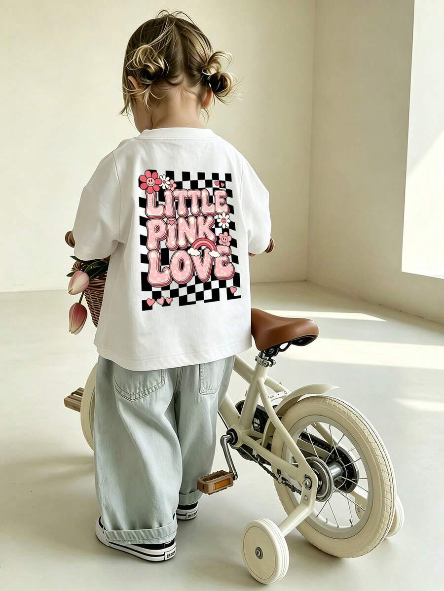 Baby GirlMinimalist Plaid Graffiti & Letter Print Round Neck Short Sleeve Cute Top - White - View 1