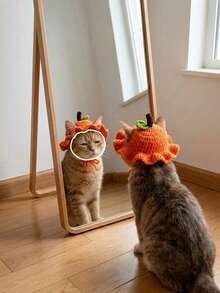 1pc Pet Hat Orange Knitted Cat Hat, Cute Handmade Crochet Halloween Costume Accessories, Soft Ruffled Pet Headpieces For Cats And Dogs' Birthday Party Photo Props, Fun Holiday Role-Playing Hats - Multicolor - View 2