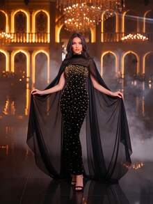Elegant Black Ultra-Long Ribbon Strapless Beaded Bandage Evening Dress - Black - View 3