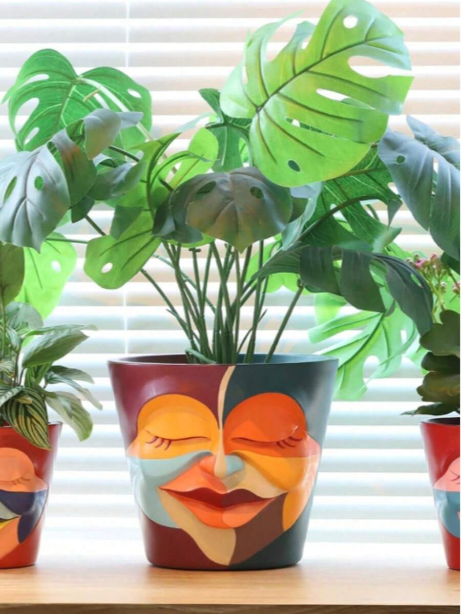 Abstract Rainbow Human Head Planter, Unique Face With Drainage Hole Plant Pot, Cute Eclectic Style Indoor/Outdoor Plant Pot, Colorful Fun Room Decor Aesthetic, Red And Blue Color Scheme - New Product - View 1