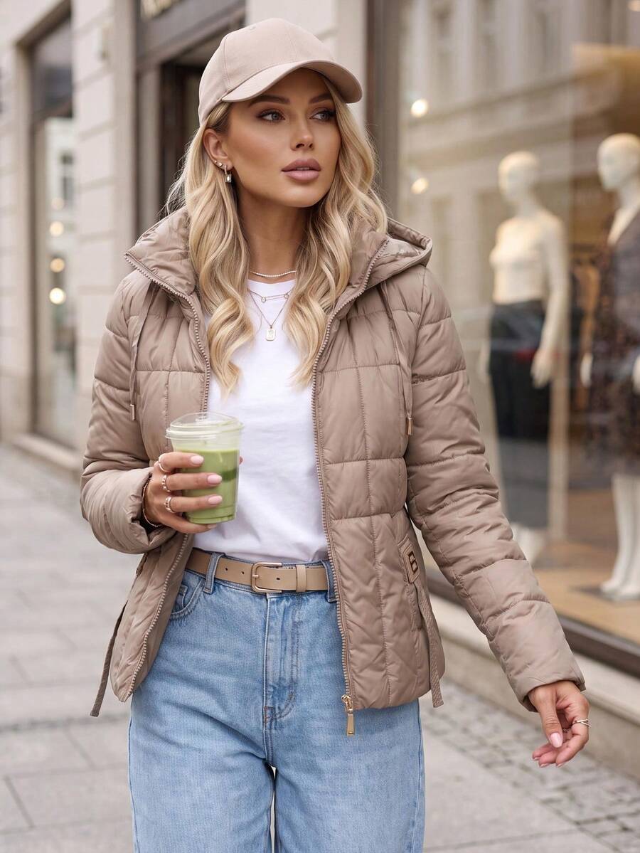 Women's Quilted Hooded Jacket Detachable Drawstring Hood Zip Front Regular Fit - Beige - View 1