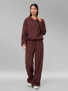 MFVIM Women's Autumn/Winter New Long Sweatshirt + Long Sweatpants 2pcs Sports Casual Versatile Set - Burgundy - View 7