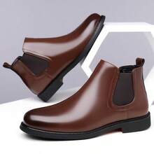 Men's Snake Skin Faux Leather Chelsea Boots Square Toe Elastic Side Ankle Boots Low Chunky Heel Casual Autumn/Winter Dress Shoes - Brown - View 3