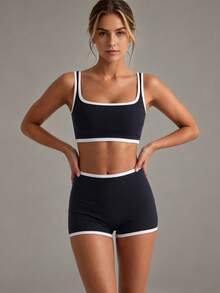 XLLAIS Contrast Trim Kint Ribbed Sports Two Pieces Women Sets Square Neck Crop Cami Top & High Waist Biker Shorts 2 Pieces Outfits, Casual Activewear Set - Black - View 3