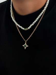 2pcs/Set Autumn Men's Vintage Gold Double Layer Stacked Necklace, Pearl Green Gemstone Square Diamond Collarbone Chain + Star Green Diamond Pendant, Autumn Sweatshirt Matching Accessory Holiday Gift - 2pcs - View 4