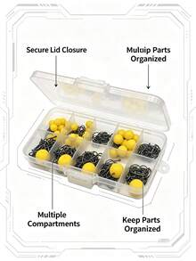 335pcs Multi-Size Fishing Hook Set With Assorted Yellow Floating Beads, Divided Storage Box, Sharp & Durable Soft Bait Beads With Good Buoyancy, Freshwater And Saltwater Fishing Tackle Accessory Combo Kit - Silver - View 2