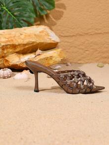 Vintage Hollow Woven Mule Sandals With Rhinestone Metal Flower Pointed Toe Stiletto High Heel Outdoor Women's Slippers - Brown - View 7