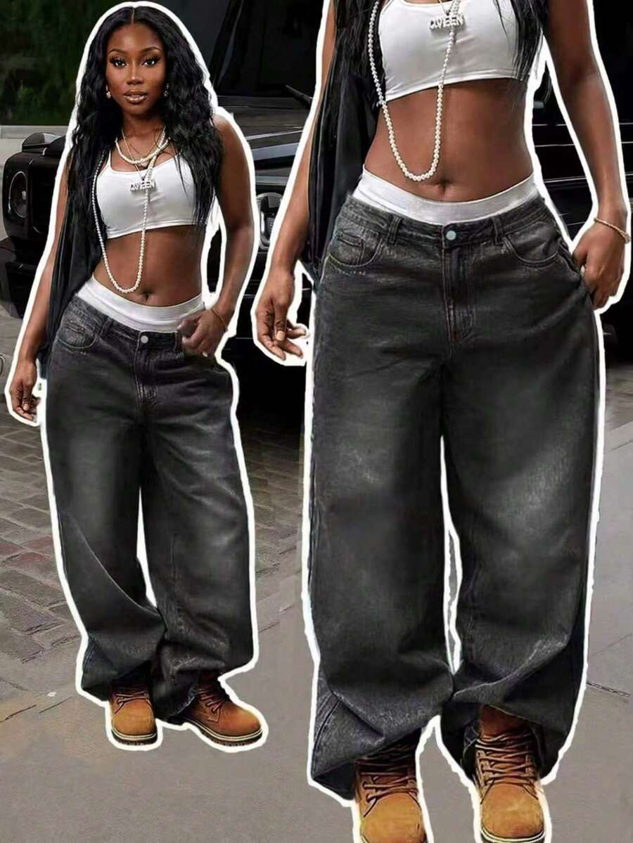 Celana Jeans Denim Wanita Ukuran Besar Model Pinggang Sedang, Jeans Vintage Rusak Tanpa Elastis, Kasual untuk Musim Semi dan Gugur - Dark Grey - View 1