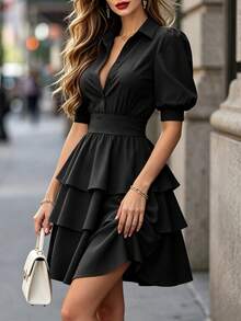 DONICY Women's Elegant Black Shirt Dress, Puff Sleeves With Layered Ruffles, French Style Suitable For Dating And Work - Black - View 3