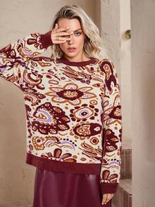 Simplee Women's Autumn/Winter New Fashion Comfortable Fuzzy Floral Print Crew Neck Sweater, Suitable For Commuting And Casual Wear - Burgundy - View 2