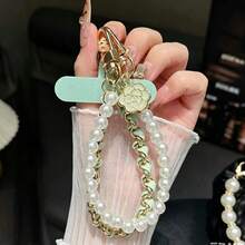 1ins Style Handheld Phone Chain Short Pearl Double Chain Fashion High-End Celebrity Hanging Chain Bag Keychain USB Drive Decoration Anti-Lost Lanyard Leather Metal Chain Women Wrist Strap Clip Shell - Multicolor - View 8