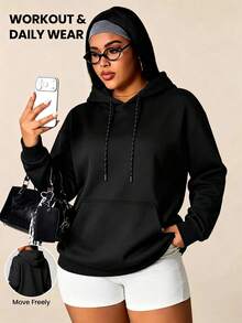 Women's Plus Size Hooded Sweatshirt, Spring/Autumn Style, Black Long Sleeve Sweatshirt Simple Retro Commuting Versatile, Daily Casual Sports Wear - Black - View 1