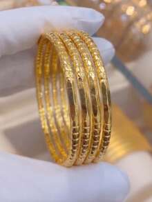 4Pcs 24K Gold Plated Closed Bangle Set, Rust-Resistant Gold Alternative Sectioned Bamboo-Joint & Smooth Metal Solid Bracelet Fine Jewellery - 01 - View 2