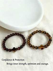 Tiger Eye Stone Men's Cross Bracelet, Confidence, Protection, Stability, Strength Boho Style Energy Healing Yoga Meditation Spiritual Jewelry Unisex - Multicolor - View 1