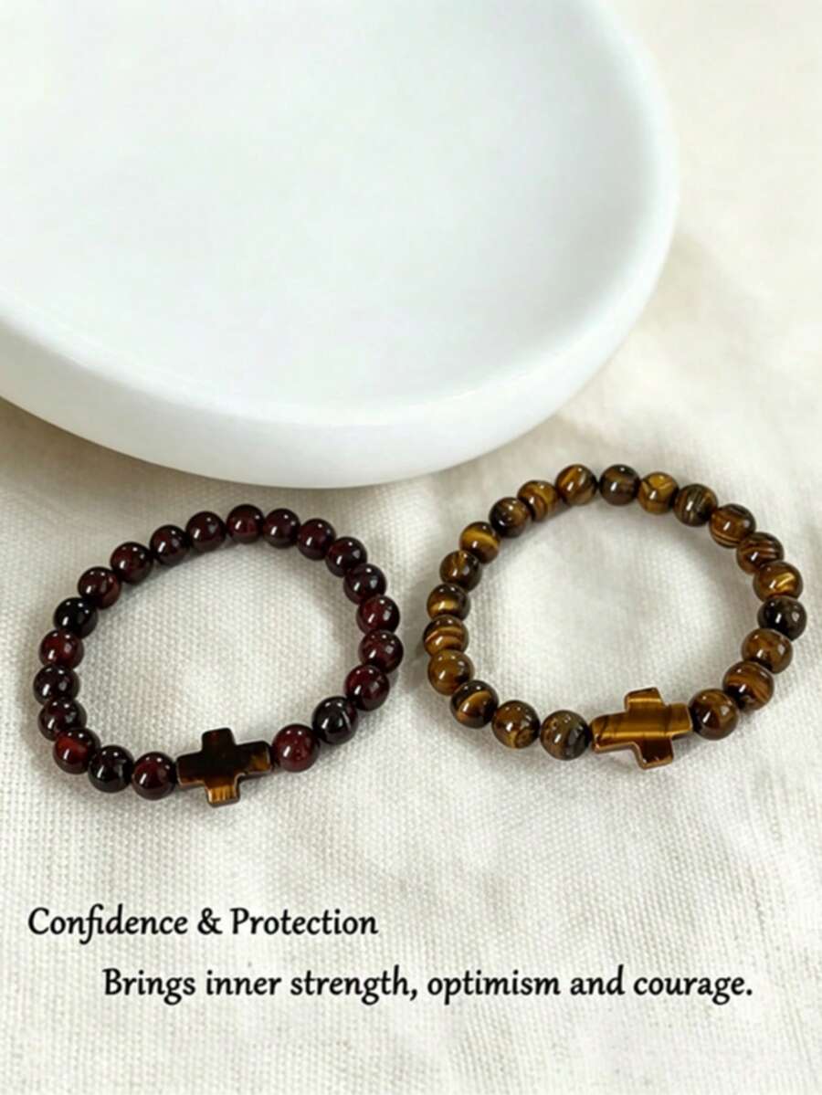 Tiger Eye Stone Men's Cross Bracelet, Confidence, Protection, Stability, Strength Boho Style Energy Healing Yoga Meditation Spiritual Jewelry Unisex - Multicolor - View 1