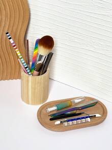 1pc Vintage Wooden Nail Art Storage Tray, Minimalist Desktop Brush Organizer, Multi-Functional Makeup Tool Display Bucket, Suitable For Home Vanity And Salon Desktop Organization, Back To School Desktop Storage Essential - Multicolor - View 4