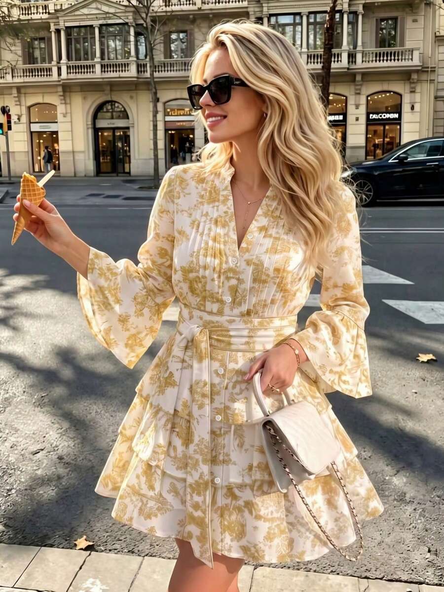 Autumn Street Fashion Casual Elegant Front Button Waist Belt Print Flare Sleeve Small Stand Collar V-Neck Dress, 3/4 Sleeve Autumn Dress Inner Layer - Yellow - View 1