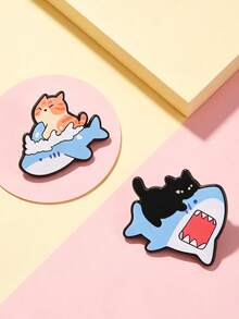 1pc/2pcs Fun Cat Riding Shark Enamel Brooch,Cute Marine Animal Lapel Pin,Creative Cartoon Style,Gift For Friends, Decoration For Backpack,Hat&Clothing - Multicolor - View 3