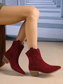 Autumn/Winter New Women's Outdoor Fashion Patchwork Embroidered Pointed Toe Western Boots Comfortable Chunky Heel Slip-On Short Ankle Boots - Burgundy - View 8