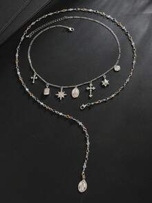 2pcs Men's Necklace Set, Silver Metal, Geometric Cross Star Oval Pendant Multi-Layer Stacked, Personalized Autumn Style Necklace, Suitable For Daily Street Wear - Silver - View 6
