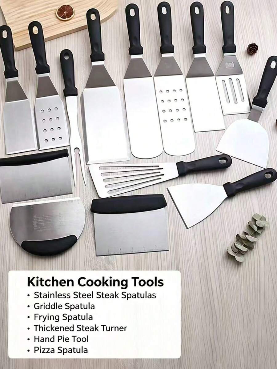 Spatula Steak Barbekyu Stainless Steel, Penjepit Panggangan Hibachi & Pancake, Sekop Penyajian Pizza Tebal, Alat Masak