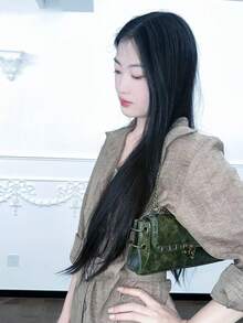 高級復古時尚極簡純色斜挎單肩包 多功能港風復古優雅拍照手提包 - 墨綠色 - 查看 3