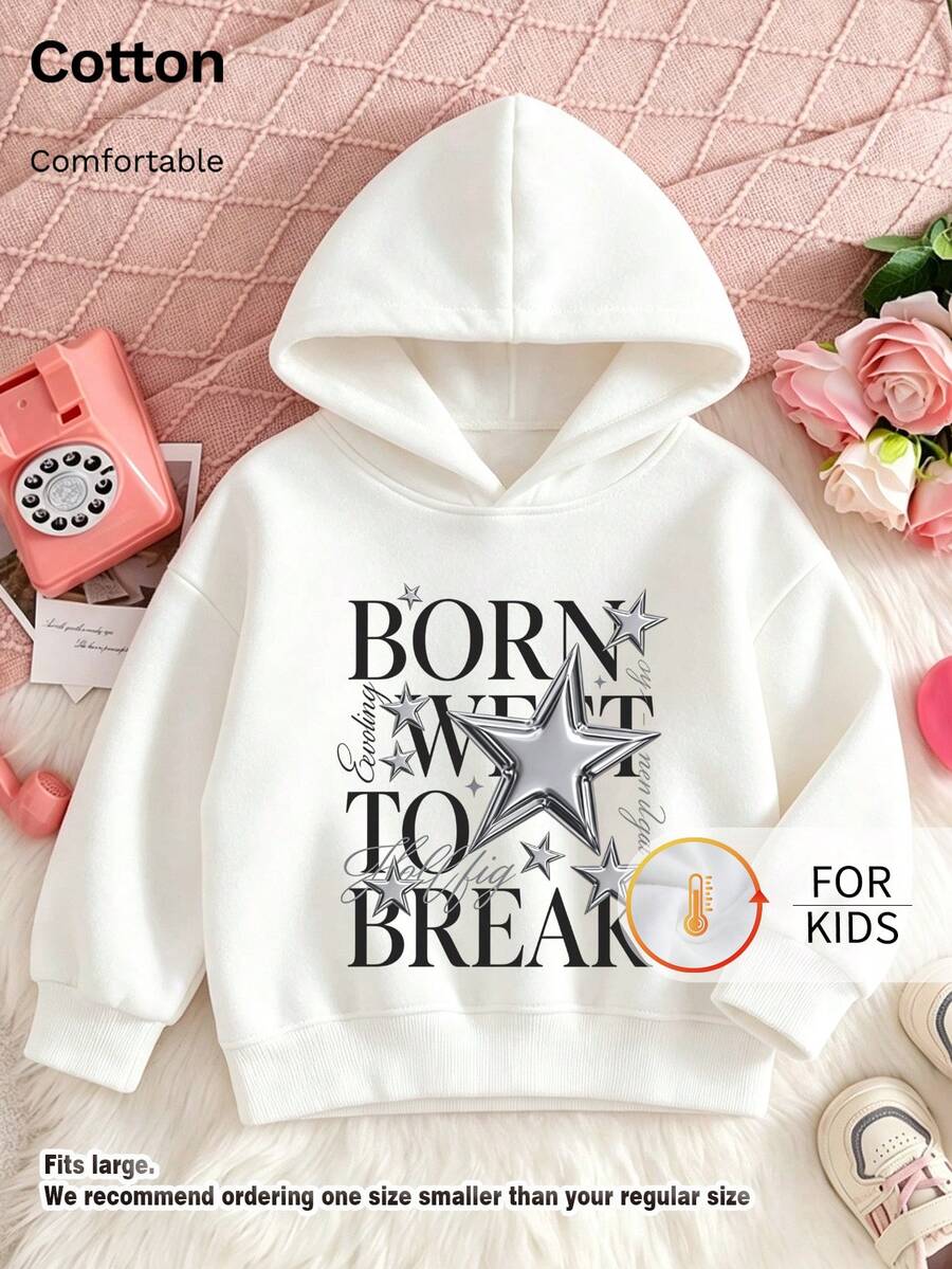 سويت شيرت للأطفال بقلنسوة، مطبوع عليه "Born To Break" مع رسمة نجمة فضية وحروف، سميك ومبطن بالصوف، بلوزة للأطفال - أبيض - مشاهدة 1