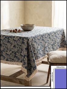 1pc Gray Blue Base White Branch & Leaf Pattern Tablecloth, Natural Rustic Style Linen Blend Material, Rectangular Beige Tassel Edge Detail, Stain-Resistant Desktop Protection Function, Suitable For Daily Home Use And Natural Dining Table Decor Scenes - Blue - View 20