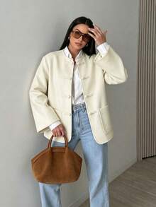 Women's Wool Blend Jacket, New Chinese Style Frog Button Cream White Loose Fit With Pockets, Elegant Elegant, Suitable For Commuting/Holiday/Office - White - View 1