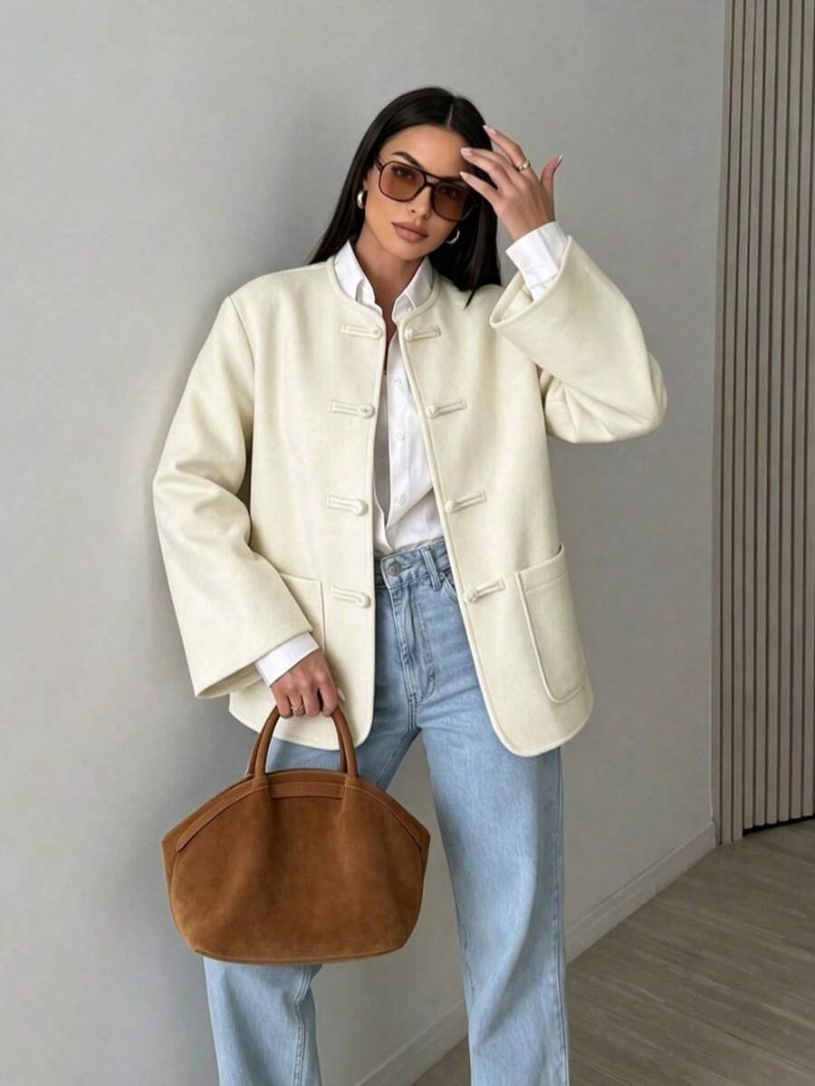 Women's Wool Blend Jacket, New Chinese Style Frog Button Cream White Loose Fit With Pockets, Elegant Elegant, Suitable For Commuting/Holiday/Office - White - View 1