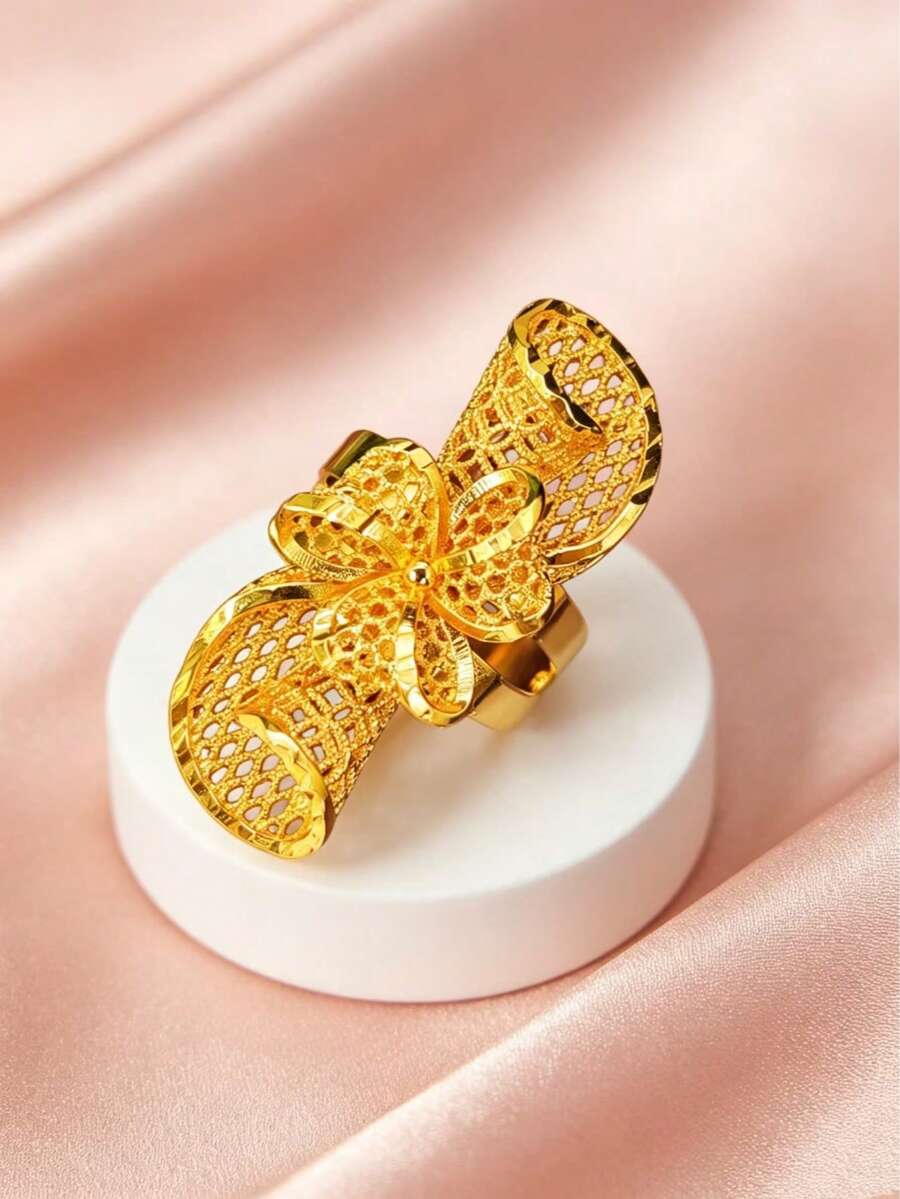1pc Fashion Women's Gold Mesh Copper Open Ring Index Finger Ring, Suitable For USA, UK, France, Middle East, Dubai, Africa, Saudi Arabia, Bridal Wedding Banquet Dress Accessory, Mother's Day, Valentine's Day, Wedding Season, Birthday, Holiday Gift, Daily Wear - Yellow Gold - View 1