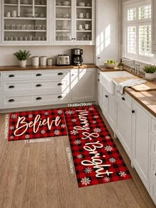 1pc Red & Black Plaid Print Kitchen Mat, Merry Christmas Letter Pattern Long Runner Rug, American Country Style Checkered Entryway Door Mat, Suitable For Kitchen, Dining Room, Hallway, Entrance, Bedroom And Indoor Home Decor, Winter Christmas Holiday Atmosphere Decorative Carpet - Multicolor - View 9