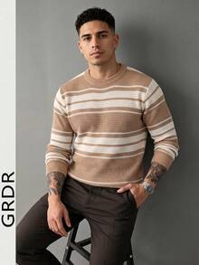 GRDR Men's Striped Colorblock Hollow Knit Sweater - Fashionable Minimalist Long Sleeve Pullover - Apricot - View 1