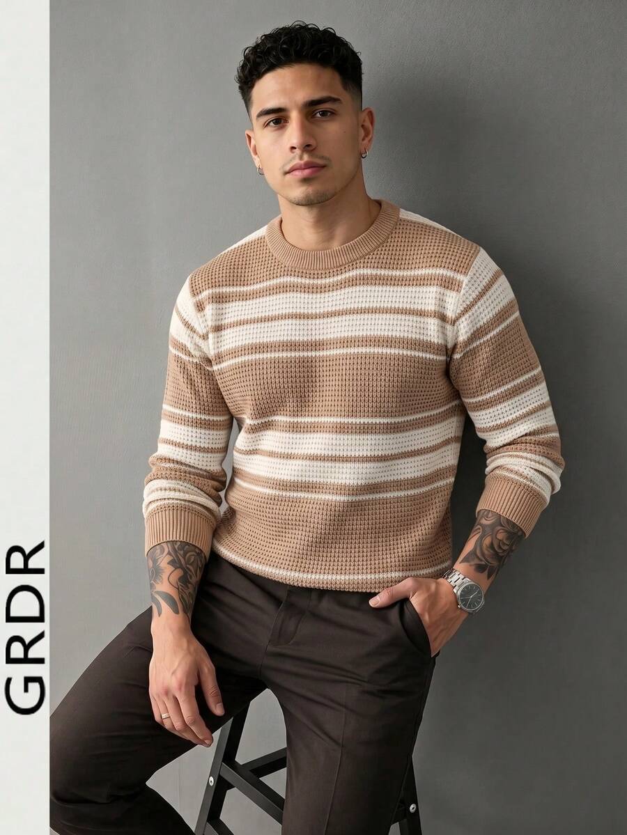 GRDR Men's Striped Colorblock Hollow Knit Sweater - Fashionable Minimalist Long Sleeve Pullover - Apricot - View 1