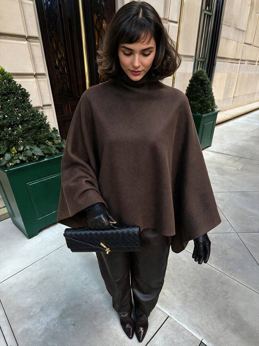 Fall Winter Dark Brown Stand Collar Irregular Sleeve Loose Cape For Women NY Vintage Street Party - Coffee Brown - View 1