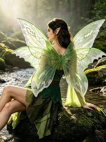 1pc Green Glitter Transparent Fairy Butterfly Wings, Women's Elf Cosplay Costume Accessory, Adjustable Strap Wings, Suitable For Halloween Party - Multicolor - View 1