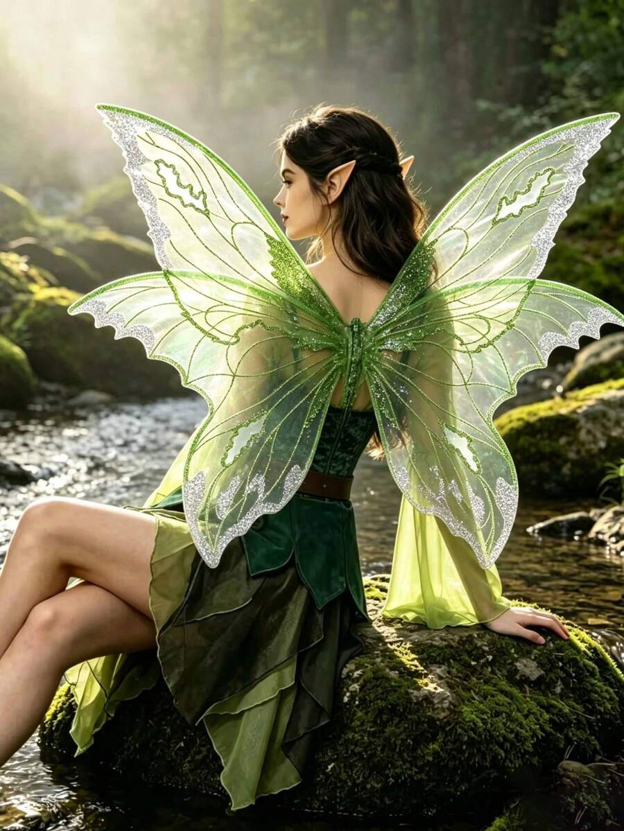 1pc Green Glitter Transparent Fairy Butterfly Wings, Women's Elf Cosplay Costume Accessory, Adjustable Strap Wings, Suitable For Halloween Party - Multicolor - View 1