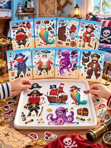 Build A Pirate Educational Puzzle Stickers Sheets, Parent-Child Interactive DIY Make A Face Parrot Ship Octopus Craft Decals For Happy Birthday Decorations, Halloween Theme Party Celebration Games Supplies - Multicolor - View 3