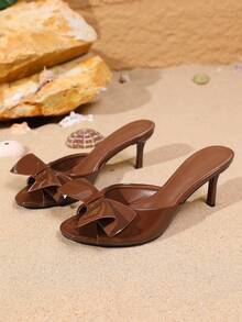 European And American Vintage Bow Thin Heel High Heel Sandals Round Toe Open Toe Slip-On Mule Slippers Party Shoes For Women - Brown - View 5