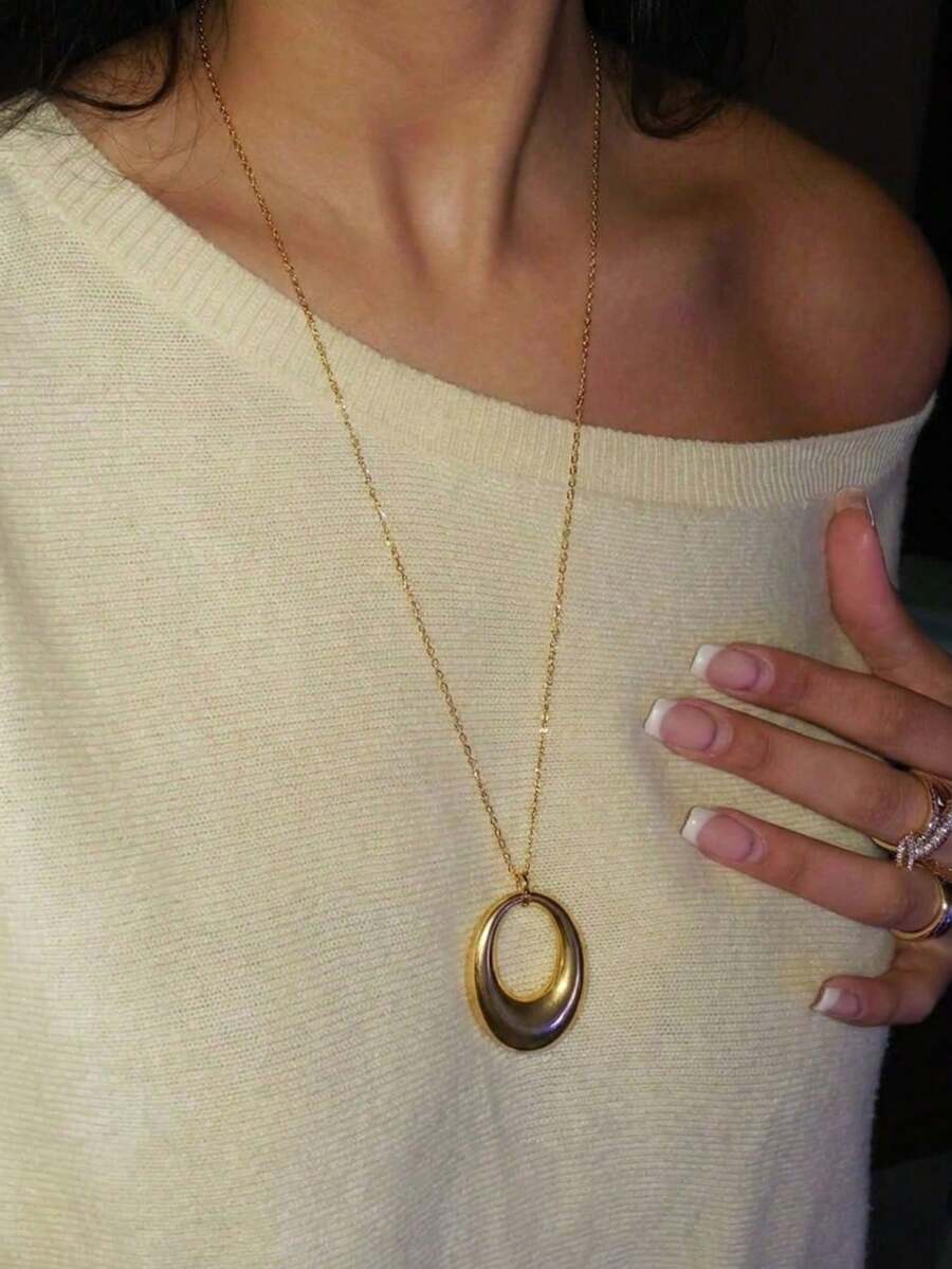 Stainless Steel Minimalist Geometric Ring Sweater Chain For Women, Cool Style Simple Versatile Internet Famous Accessory, Long Clavicle Necklace - Multicolor - View 1