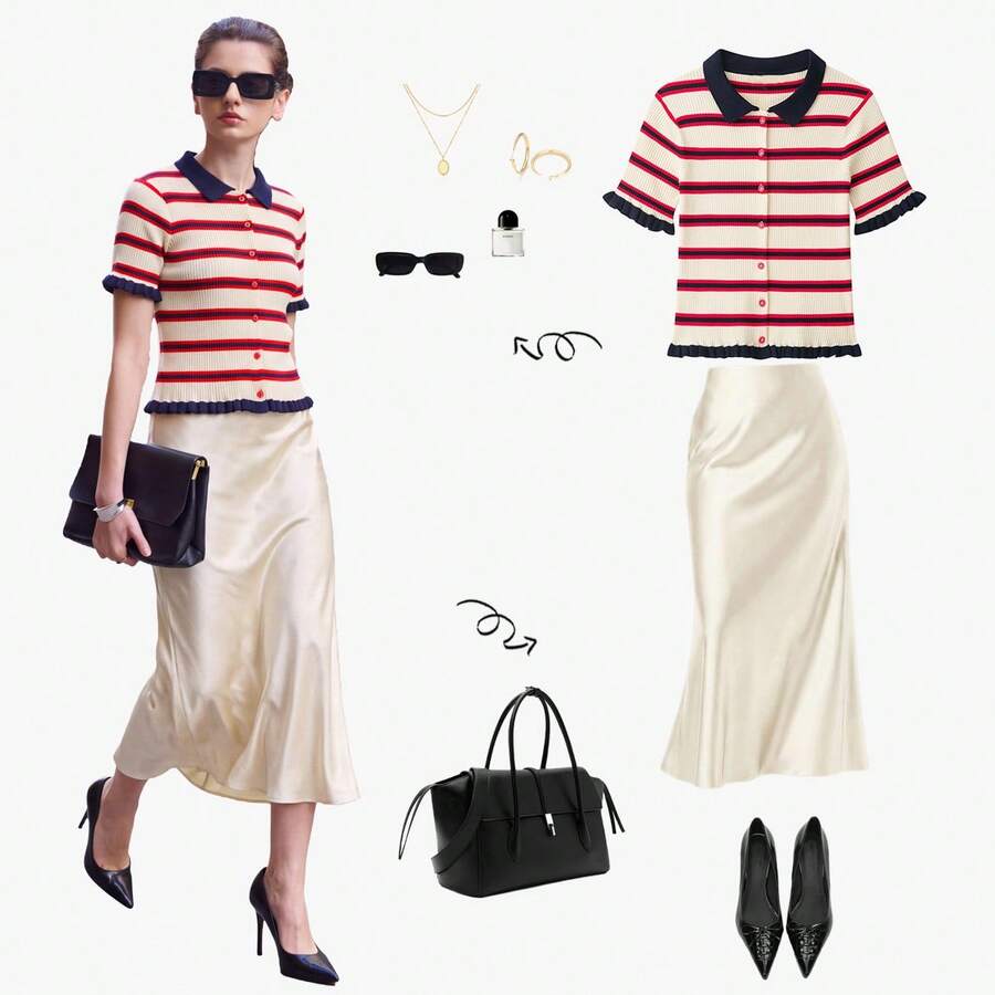 Se-Helo Women's Autumn/Winter Red, White, Navy Blue Horizontal Striped Peter Pan Collar Ruffle Short Sleeve Cropped Knit Cardigan - Multicolor - View 1
