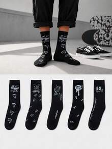 5 Pairs Men's Graffiti Mid-Calf Socks, Black & White Street Style Personalized Pattern Casual Socks, Soft Comfortable Breathable Spring Autumn Men's Socks, Suitable For Daily Commute, Leisure, Sports, Streetwear - Multicolor - View 2