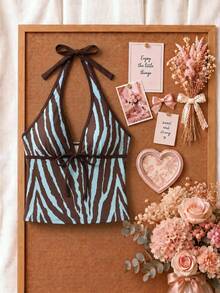New Summer Beach Vacation Casual Style Leopard Print Halter Neck Two-Piece Swimsuit Set For Women - Multicolor - View 3