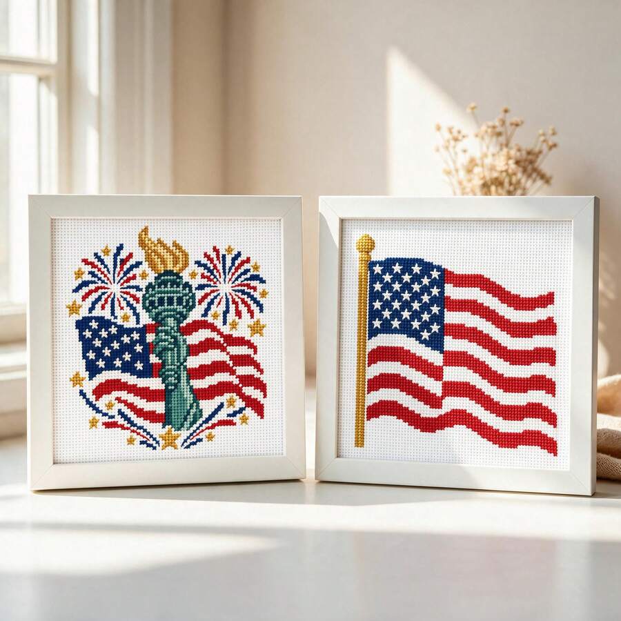 2pcs Independence Day Theme Mesh Embroidery Kit 18Mesh 15*15cm Pre-Printed Flag/Torch Pattern With White Frame And Scissors Threader, Beginner Zero-Base Stress Relief Handmade Small Desktop Decor Creative Gift